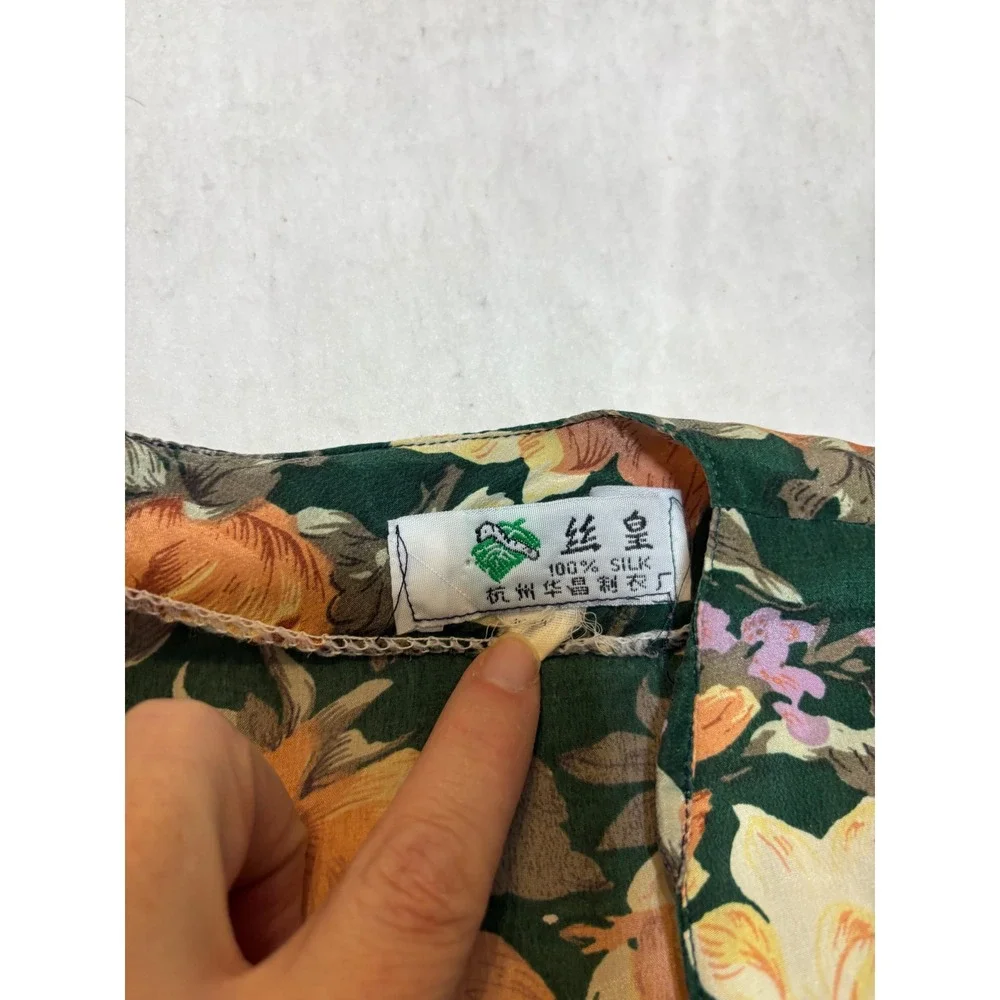 Vintage Silk‎ Floral Button Up Short Sleeve Blouse Green Orange Yellow - Picture 4 of 9